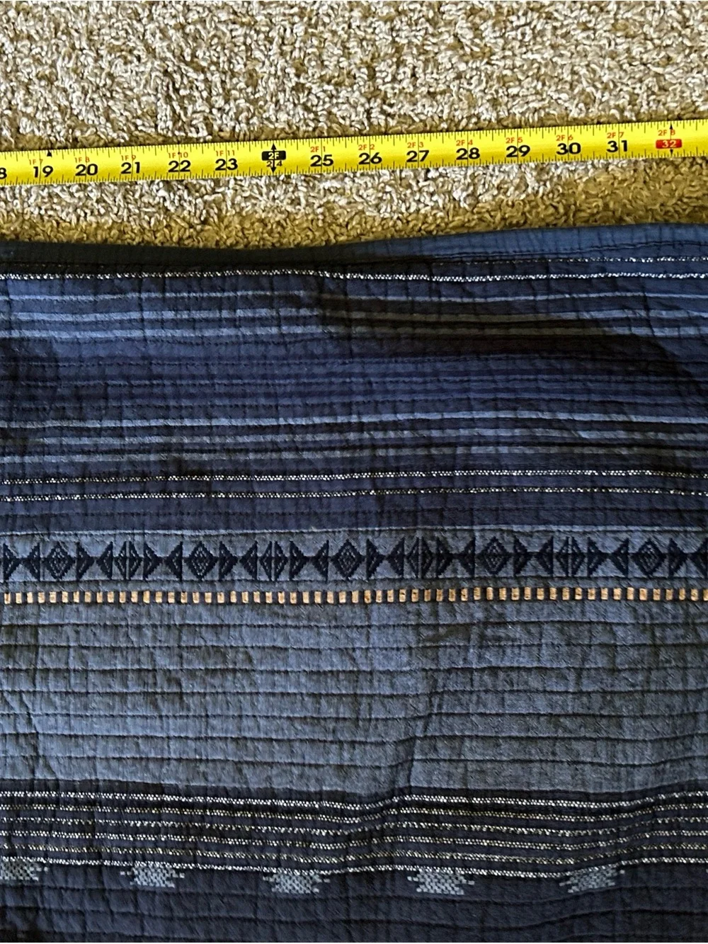Frye Quilted Pillow Sham Multi Blue Striped Aztec 33x20‎ Queen 100% Cotton